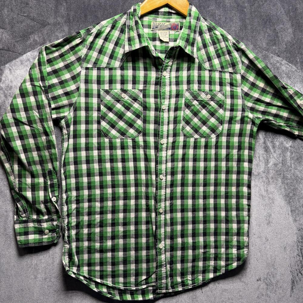 RED SNAP Button Down Shirt Mens L Green Regular Cotton Western Plaid Pockets
